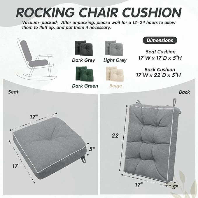 YZ HOME Rocking Chair Cushion, Set of Thicken Seat & Back Chair Cushions with Memory Foam, Non-Slip Chair Pad with Ties for for Indoor&Outdoor Rocker, Light Grey, 22x17x5/17x17x5