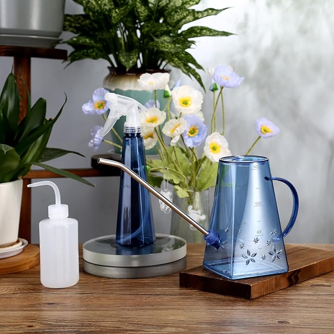 Goowin Watering Can Indoor Plants, Long Spout 47 oz Small Watering Can for Indoor with Bonus 16 oz Spray Bottle & 8.5 oz Squeeze Bottle, Blue