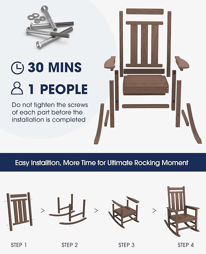 KINGYES Outdoor Rocking Chair, All-Weather Patio Rocking Chairs for Porch, HDPE Rocking Outdoor Chairs with High Back for Adult, Heavy Duty Outdoor Patio Rockers for Garden, Lawn, Brown