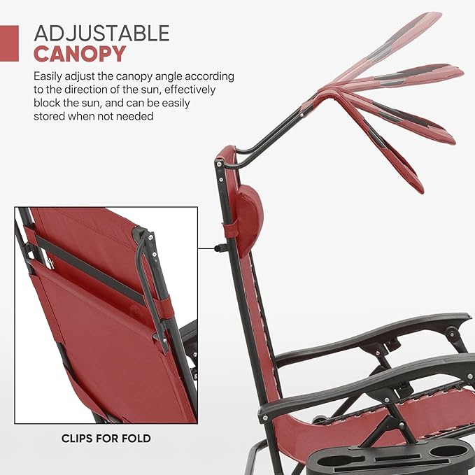 Magshion Zero Gravity Chair with Canopy Set of 2, Reclining Outdoor Patio Lounge Chair, Folding Anti Gravity Recliner, Portable Lounger with Removable Cup Holder Side Tray and Pillow Headrest (Maroon)