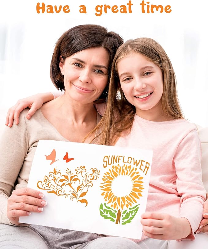9PCS Sunflower Butterflies Stencils, Reusable PET Sun Flower Template, DIY Craft Paint Stencil with Metal Open Ring, for Painting on Wood Canvas Paper Fabric Wall Furniture, 8x11 Inches