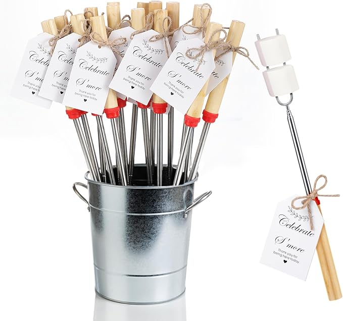 24 Sets S'mores Sticks Kit Extendable Roasting Cotton Candy Sticks for Fire Pit Camp Bachelorette Decorations One Happy Camper Birthday Party Favor for Wedding Camping Campfire Bonfire Supplies