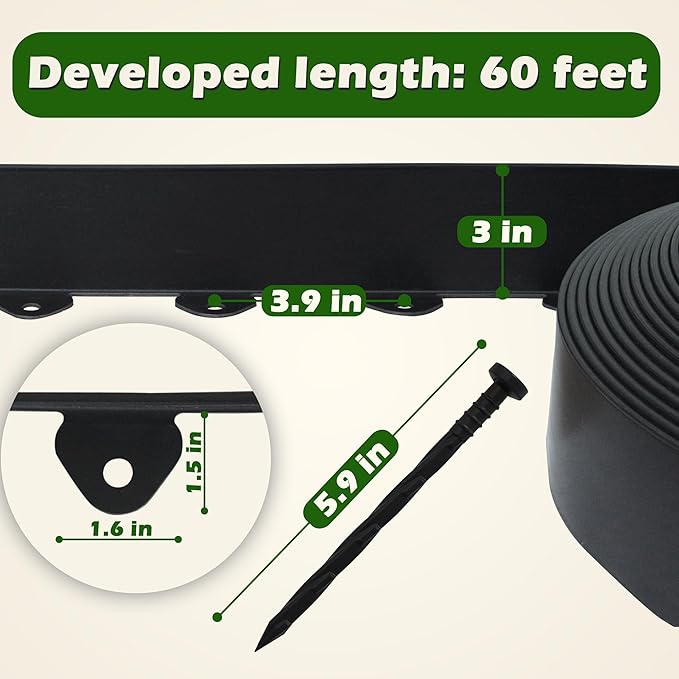 Gardzen Landscape Edging Kit, 60-Foot Long, 3-Inch Tall, No Dig Garden Edging Border for Flower Beds, Tree Rings, Pathways , Includes 60 Spikes
