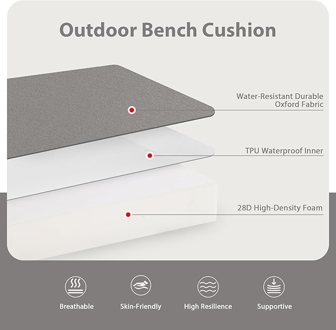 Favoyard Outdoor Bench Cushion 45 x 18 Inch Waterproof Patio Furniture Cushions 3-Year Color Fastness Garden Sofa Settee Couch Swing Pads with Handle and Adjustable Straps, Light Gray