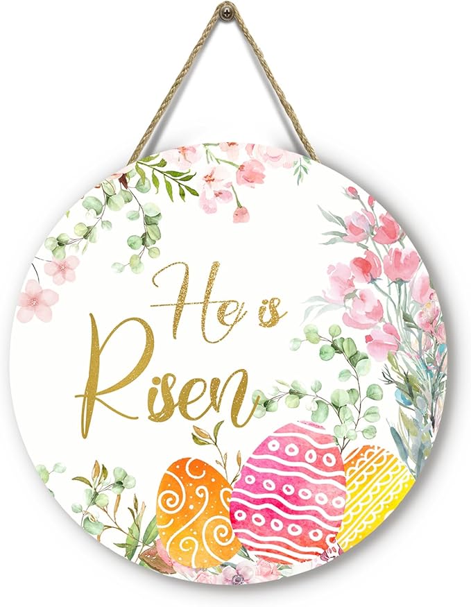 He is Risen Door Hanger Easter Religious Porch Sign Spring Floral and Eggs Door Sign for Front Door Holiday Hanging Decoration for Home Wall Outdoor
