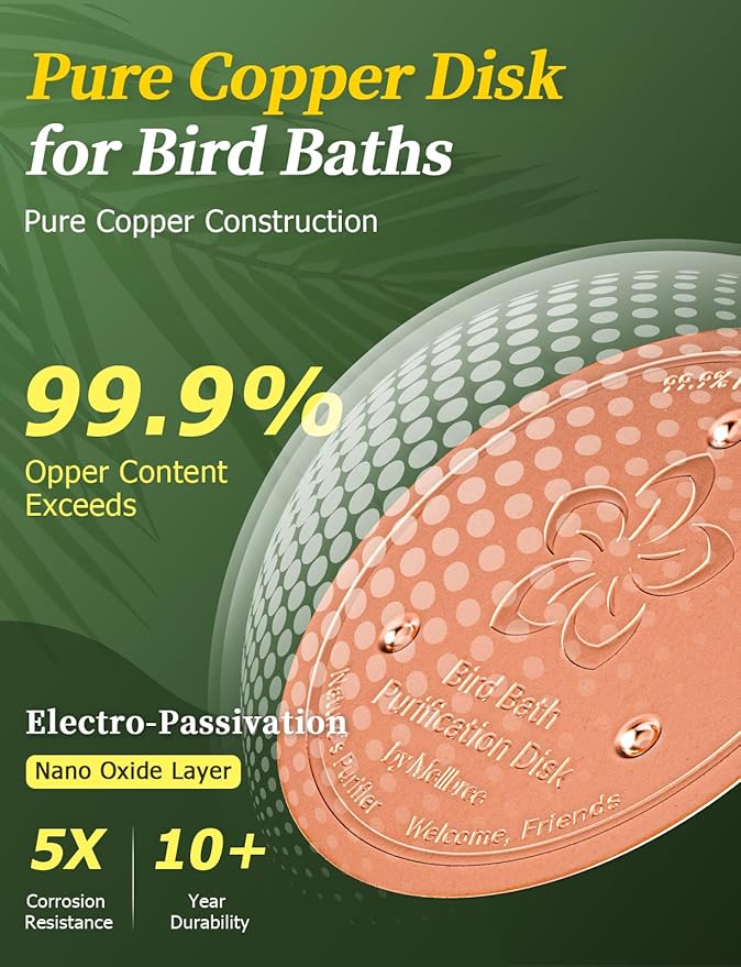 Mellbree 4-Pack Bird Bath Copper Disk, 0.6mm Reinforced 99.99% Pure Copper Cleaning Disk with Triple-Point Support for Physical Safe Clean Water All-Season (Flower)