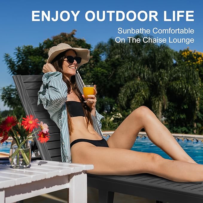 EasyUp Chaise Lounge Chair Outdoor, Resin Lounge Chair with 5-Position Backrest, UV - Resistant, Waterproof for Pool, Beach & Patio (Set of 2-Black1)