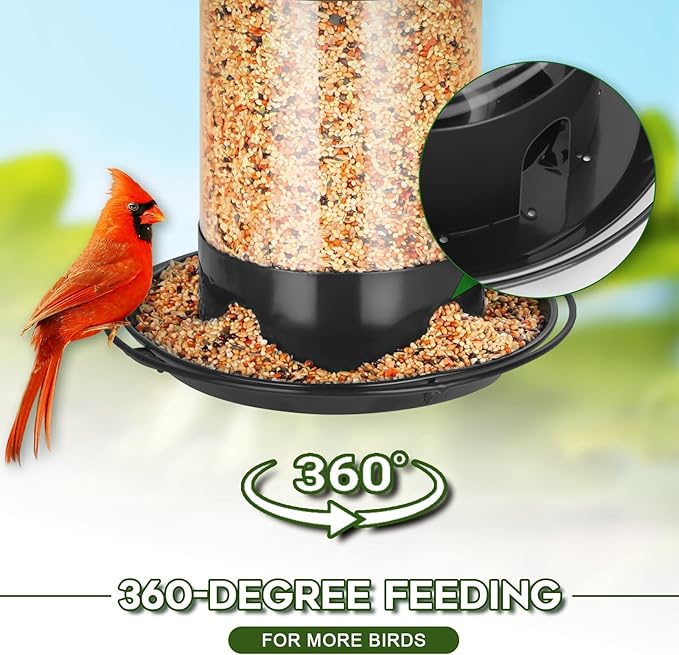 Metal Bird Feeders for Outdoors Hanging, Weather Resistant Wild Bird Feeder with 360 Degree Feeding Tray, Black