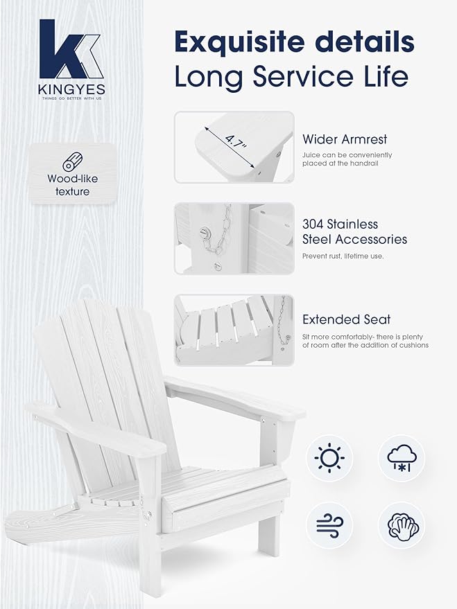 KINGYES Folding Adirondack Chair Set of 2, HDPE All-Weather Folding Adirondack Chair, White
