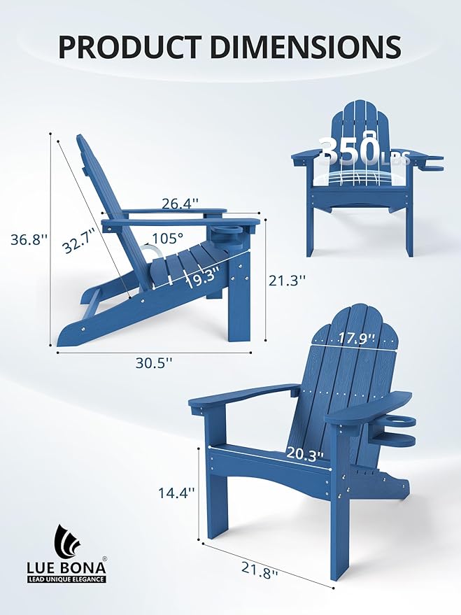 LUE BONA HDPE Adirondack Chair,Plastic Adirondack Chairs with Cup Holder Weather Resistant for Outdoor, Patio, Lawn, Garden, Backyard Deck, Fire Pit, Blue