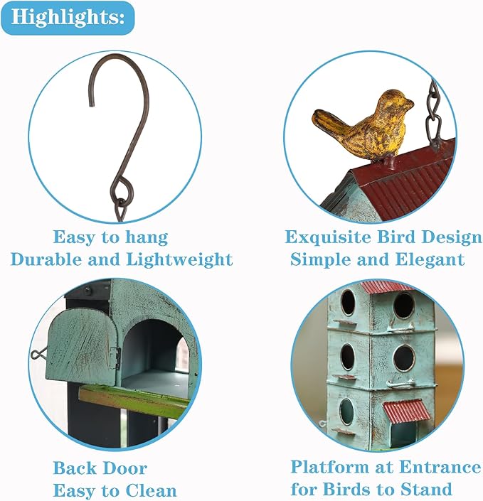 Metal Bird Houses for Outside, 6 Hole Bird Houses for Outside Hanging, Sky Blue Birdhouses for Outdoors Clearance Suitable for Garden Patio Backyard.