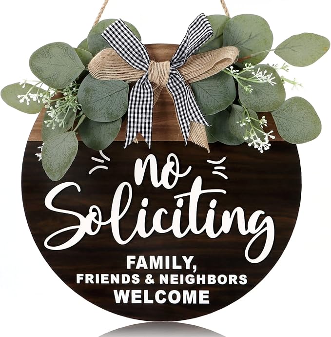 CHDITB 3D No Soliciting Front Door Hanging Sign (12”x12”), Family Friends Neighbors Welcome Wreath with Bow Eucalyptus Leaves, Rustic No Solicitior Solicition Door Hanger Decor for House Door Porch