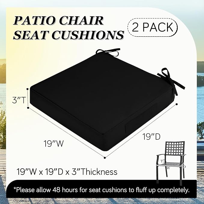 Waterproof Outdoor Chair Cushions Set of 2, Square Outdoor Seat Cushions with Ties and Removable Covers, 19 x 19 Outdoor Cushions for Patio Furniture with Portable Handle(Black)