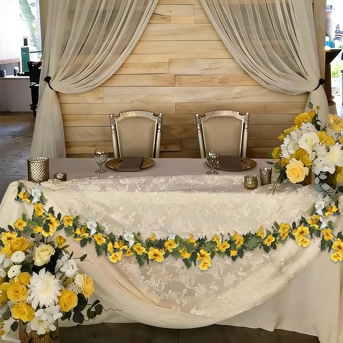 CISDUEO 2 Pcs Artificial Vines for Outdoors Silk Morning Glory Garland 11.5 Ft Hanging Flowers Plants Yellow and White Fake Petunias Vines for Indoor Home Decor Wall Fence Mantle Stairway Mailbox