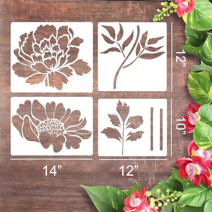 6 Pcs Large Flower Stencils for Painting, 14 X 12 Inch Flower Stencils for Crafts Reusable, Wood and Wall Stencils for Painting Large Pattern, DIY Templates Holiday Wall Paper (E)