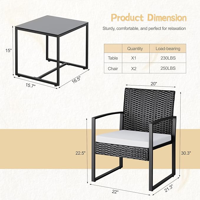 Greesum 3 Piece Wicker Conversation Bistro Sets Outdoor Patio Set Modern Rattan Chair Furniture Sets with Coffee Table for Yard Garden Porch Lawn (White)