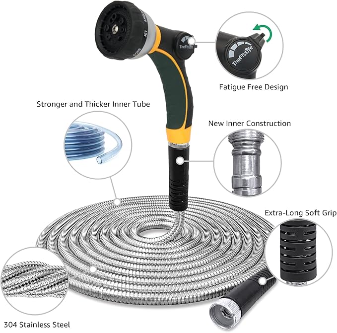 TheFitLife Flexible Metal Garden Water Hose - Upgrade Leak and Fray Resistant Design, Stainless Steel with Solid Fittings and Sprayer Nozzle, Lightweight Kink Free Durable Easy Storage (100 FT)