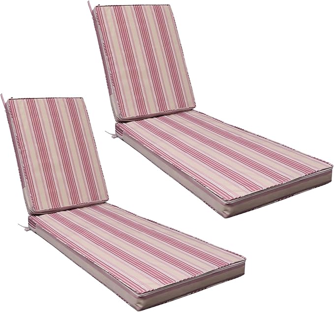 AAAAAcessories Outdoor Chaise Lounge Cushions, Fade-Resistant, Waterproof Patio Furniture Replacement Cushions, 80" x 26" x 3", Set of 2, Dusty Rose Garden Stripe