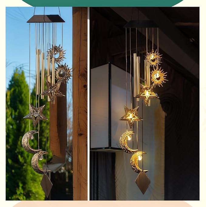 Solar Wind Chimes for Outside Waterproof Hanging Wind Chimes Lights Outdoor Decor Yard Garden Gifts for Mother Mom Grandma Wife Neighbors(Sun Moon Star,Warm Colored Lights)