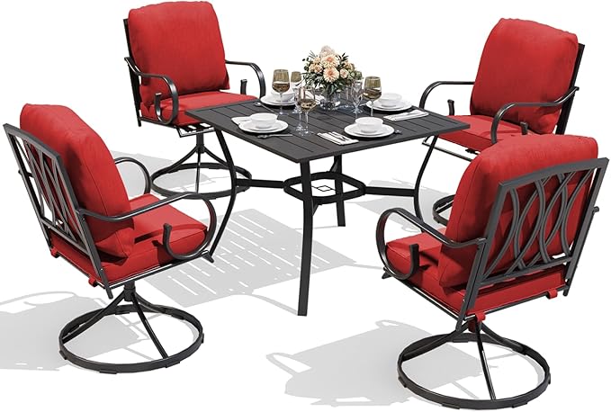 MELLCOM 5 Pcs Outdoor Dining Set, 4 Swivel Rocker Chairs with Thick Cushions & Square Dining Table with Umbrella Hole, Patio Furniture Set for Porch, Red