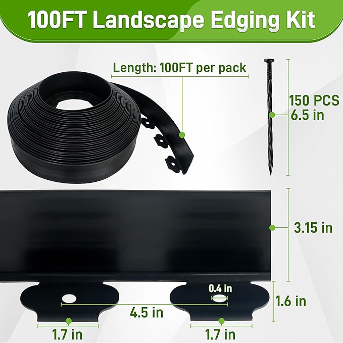 3.15" x 100' No Dig Landscape Edging, Flexible Garden Edging Borders with 150 Anchoring Spikes, Plastic Lawn Edging for Landscaping Garden Flower Beds Grass Yard Paver Pathway, Black