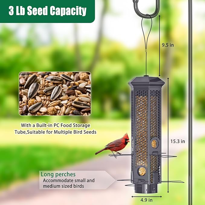 Squirrel Proof Bird Feeders, Bird Feeder for Outdoors with Removable Base, 6 Ports Perches Gravity Protection Squirrel Proof Wild Bird Feeders, 3LB Seed Capacity, Gray