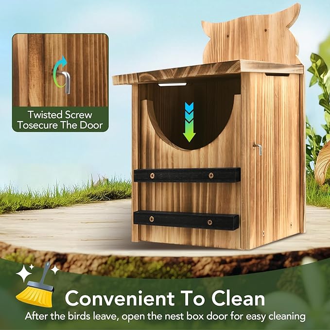 Owl House for Outdoors, Cedar Owl Nesting Box, Durable Carbonized Wood Shelter for Squirrels and Wildlife, Ideal Garden Décor