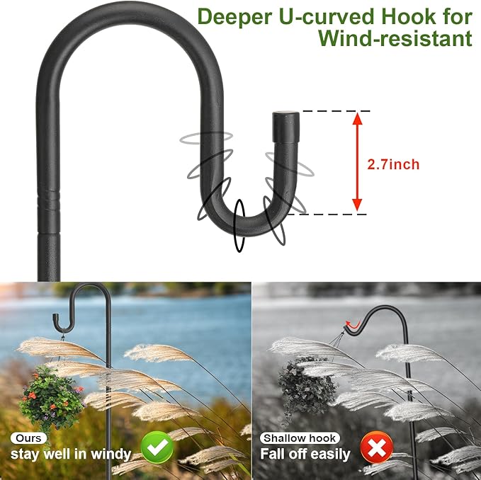 Hummingbird Feeder Pole for Outdoors - Heavy Duty Bird Feeder Stand with Adjustable Stake,62"Rustproof Shepards Poles with Hangers Holder for Birdfeeder,Wind Chimes,Lanterns,Wreaths,Black