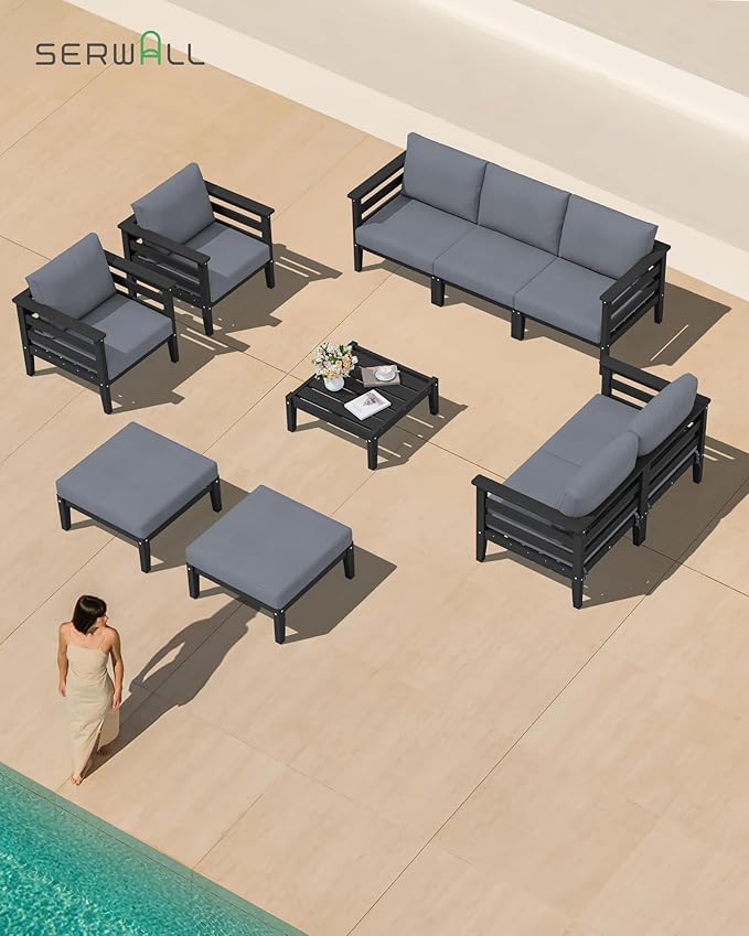 SERWALL HDPE Patio Furniture Set, 10 Pieces Outdoor Sectional Sofa Set, All-Weather Wood-Like Outdoor Sofa Couch with Coffee Table for Deck, Lawn, Black Frame with Grey Cushion