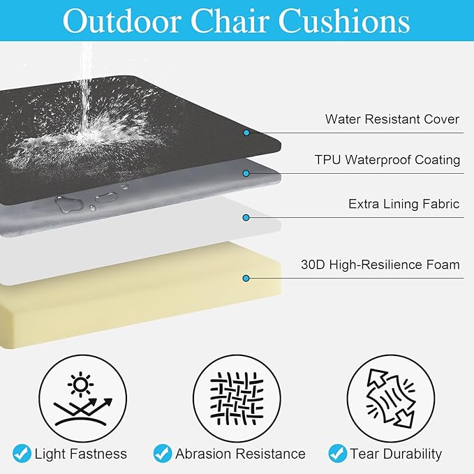 Amagenix Outdoor Chair Cushions Set of 2, 19"x19"x3" Waterproof Outdoor Seat Cushions for Patio Furniture, Stripe Reversible Patio Cushions with Ties & Handle & Hidden Zipper, Fade-Resistant,Dark Grey