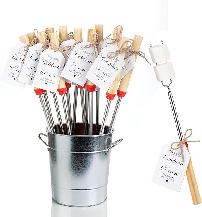 12 Sets S'mores Sticks Kit Extendable Roasting Cotton Candy Stick for Fire Pit Camp Bachelorette Decorations One Happy Camper Birthday Party Favor for Wedding Camping Campfire Bonfire Supplies