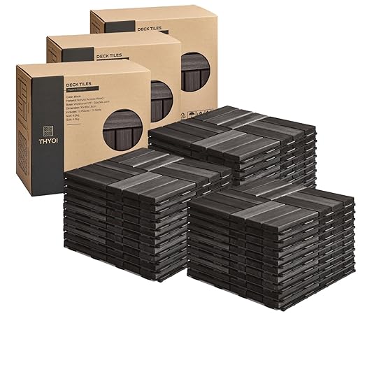 Deck Tiles, Patio Flooring - Outdoor Waterproof Acacia Wood Tiles for All Weather Use - Balcony, Backyard, Indoor & Outdoor (Black Crossed Pattern, 30 Pcs - 30 Square Ft)