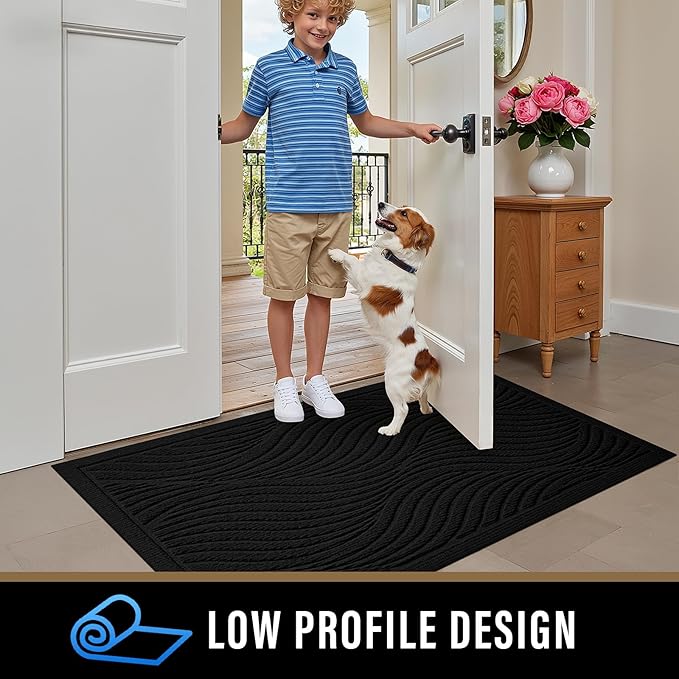 PLEASOR Front Door Mat Outside Entrance, Absorbent and Dirt Resistant Welcome Mat Indoor Outdoor, Non-Slip Backing Entry Mat, Fade Resistant, Easy Clean Low Profile Doormat for Entryway, 29x17, Black