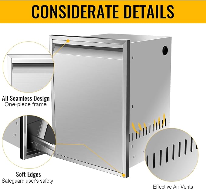 Built-in Single Trash Drawer 17'' W x 23'' H x 16'' D, Pull-Out Tray Outdoor Kitchen Stainless Steel with Handle Storage Bins or Propane Tank for BBQ Island Grill Station
