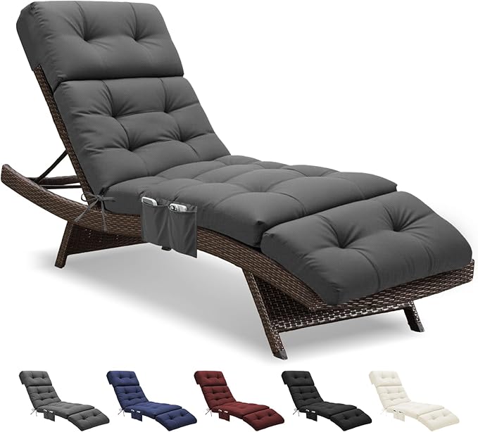 Outdoor Chaise Lounge Chair Cushion Waterproof 74.4 x 22 x 4.7 Inches Lounge Chair Cushions Replacement for Outdoor Furniture with Ties and Pocket, Thickened Pool Lounge Chair Cushions, Grey