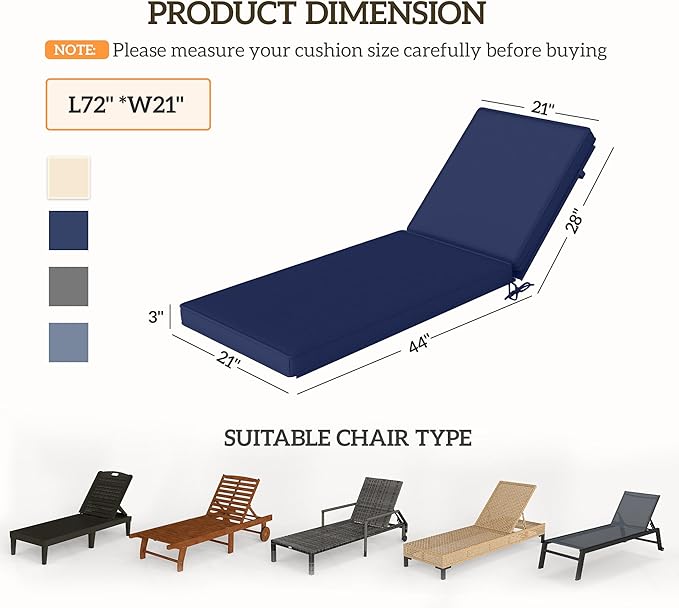 Outsunny Chaise Lounge Cushions Outdoor Set of 2, Fade Resistant, 72 x 21 x 3 in Sun Lounger Replacement Cushions, Patio Lounge Chair Pads with Removable Cover for Pool, Beach, Deck, Lawn, Navy Blue