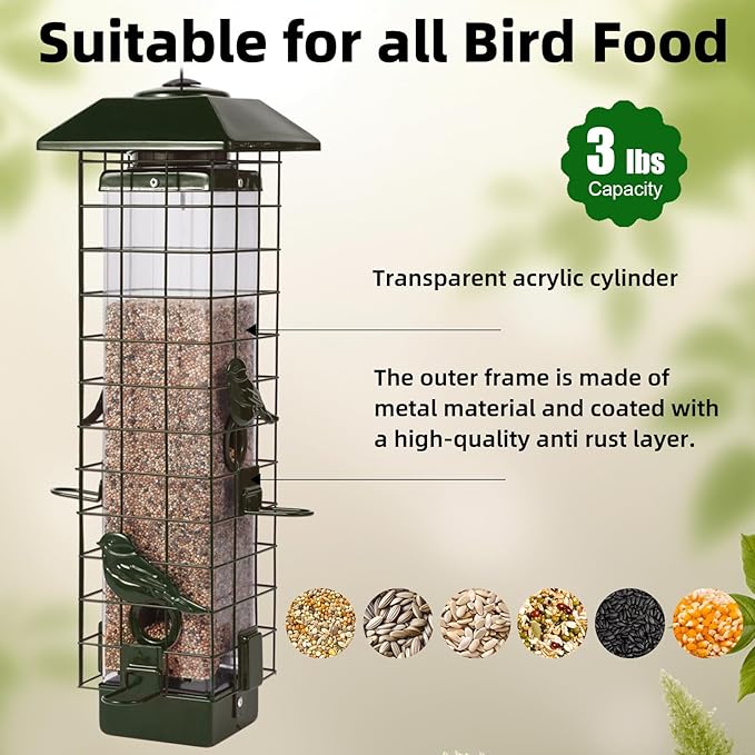 Squirrel Proof Bird Feeder, Metal Mesh Bird Feeder for Outside, Large Capacity and 4 Ports Perches (Green)