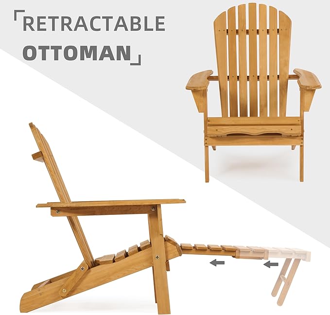Set of 2 Outdoor Wooden Folding Adirondack Chair with Retractable Ottoman, Wood Patio Chair with Footrest for Garden Backyard Porch Pool Deck Firepit