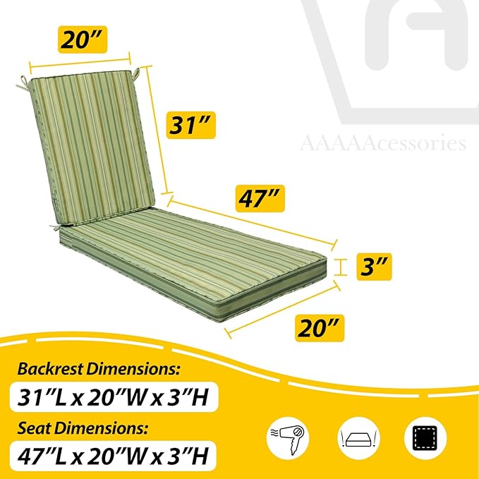 AAAAAcessories Outdoor Chaise Lounge Cushions, Fade-Resistant, Waterproof Patio Furniture Replacement Cushions, 78" x 20" x 3", Mossy Forest Stripe