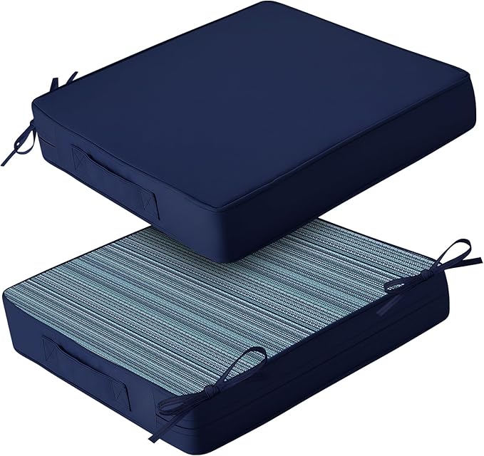 Amagenix Outdoor Chair Cushions Set of 2, 20"x20"x3" Waterproof Outdoor Seat Cushions for Patio Furniture, Stripe Reversible Patio Cushions with Ties & Handle & Hidden Zipper, Fade-Resistant,Navy Blue
