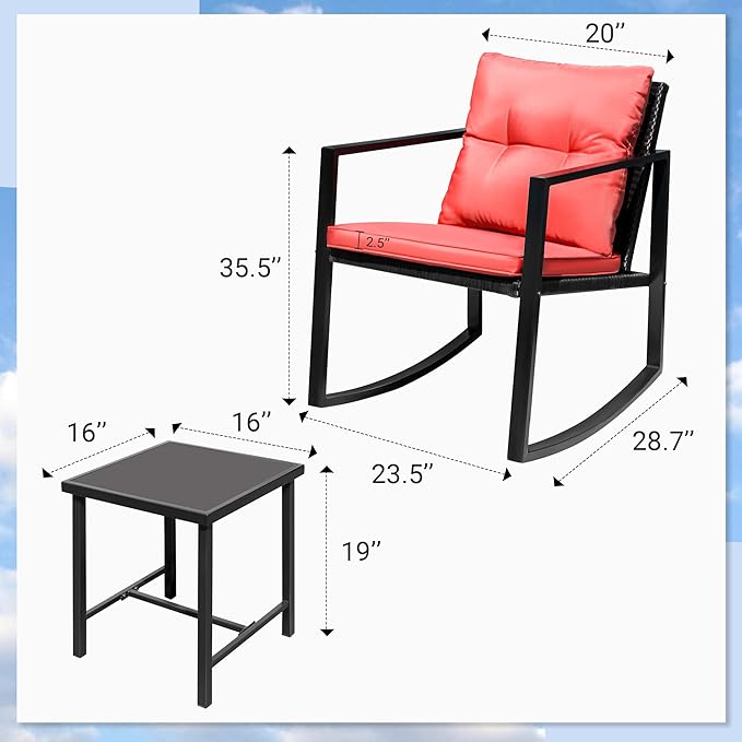 Flamaker Patio Chairs 3 Piece Wicker Rocking Chair Outdoor Bistro Sets with Coffee Table and Cushions Metal Frame Patio Furniture for Porch, Balcony, Lawn (Red)