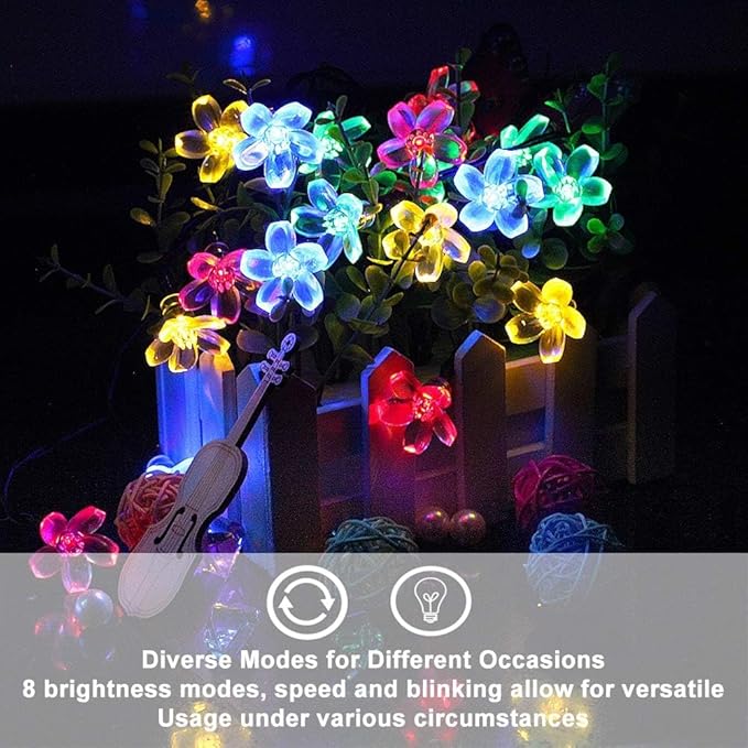 Outdoor Flower String Lights, 33ft Black Wire Fairy Lights with 100 LED Lighted Cherry Blossom for Indoor/Outdoor Backyard, Patio, Garden, Party, Christmas Decoration (Black Wire-Multicolored)