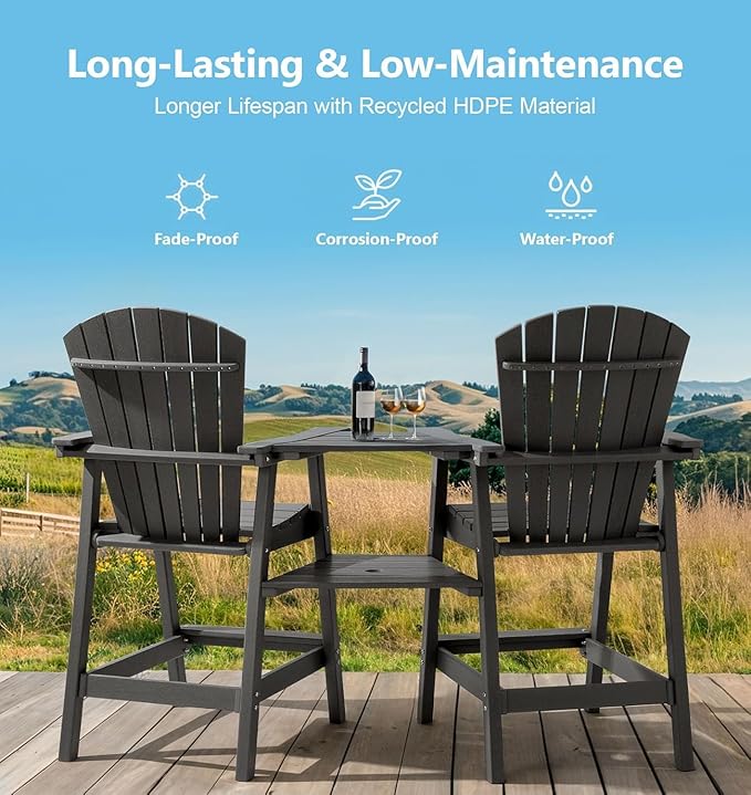 PASAMIC Tall Adirondack Chair Set of 2, All-Weather HDPE Outdoor Chairs with Removable Double Trays, Bar Height Adirondack Chairs for Balcony, Deck, Patio, Backyard, Dark Gray