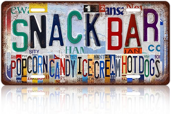 Vintage Snack Bar Popcorn Candy Ice Cream Hot Dogs License plate Snack Bar Wall Decor Metal Sign Tin Signs
