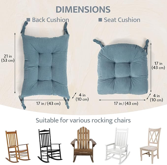 mudilun Rocking Chair Cushion Set - Non-Slip Tufted Rocking Chair Cushions with Ties Soft Indoor/Outdoor Wooden Rocking Chair Seat Pad for Porch Garden Cafe & Nursing