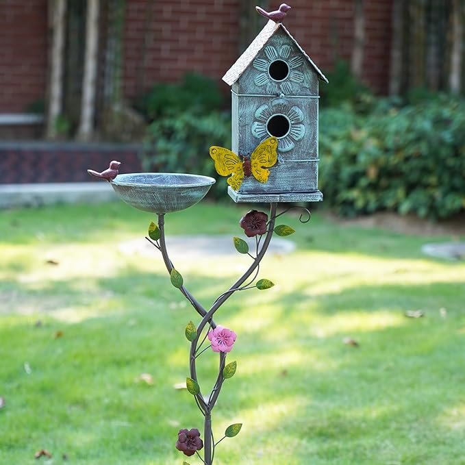 57" H Metal Bird Bath Bowl and Bird House 2-in-1 Design for Outdoors, Garden Yard Decor