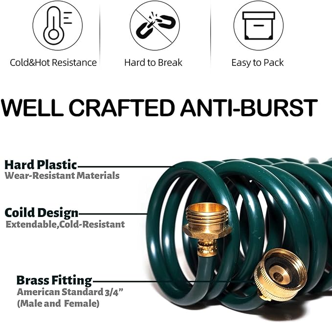 10FT Recoil Garden Hose for Balcony: Lightweight Green EVA Coil Water Hose with Brass Fittings - Compact and Easy Storage for RV Small Outdoor Use Connection