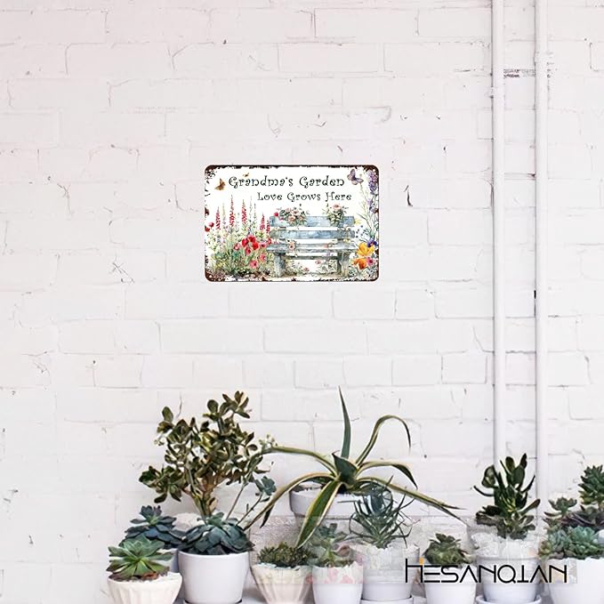 Funny Garden Metal Signs "Grandma's Garden Love Grows Here" Yard, Backyard, Patio Rustic Gardening Decor, 8 x 12 Inch