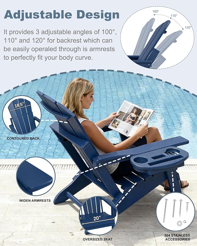 Adjustable Adirondack Chair with Cup Holder, All Weather HDPE Fire Pit Chairs for Deck, Backyard, Patio, Navy Blue