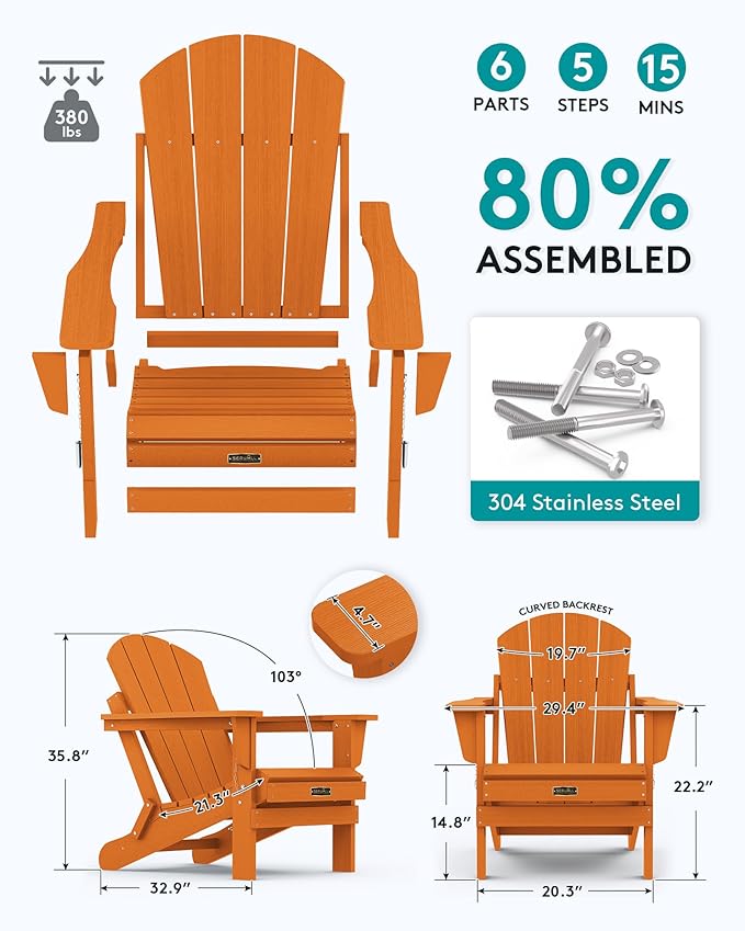 SERWALL Foldable Adirondack Chair Set of 2 for Patio Garden Outdoors Fire Pit Chairs-Orange